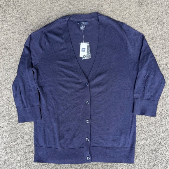 GAP Sweaters - Gap Womens Navy Blue V-Neck Button Front 3/4 Sleeve Cotton Cardigan Sweater M